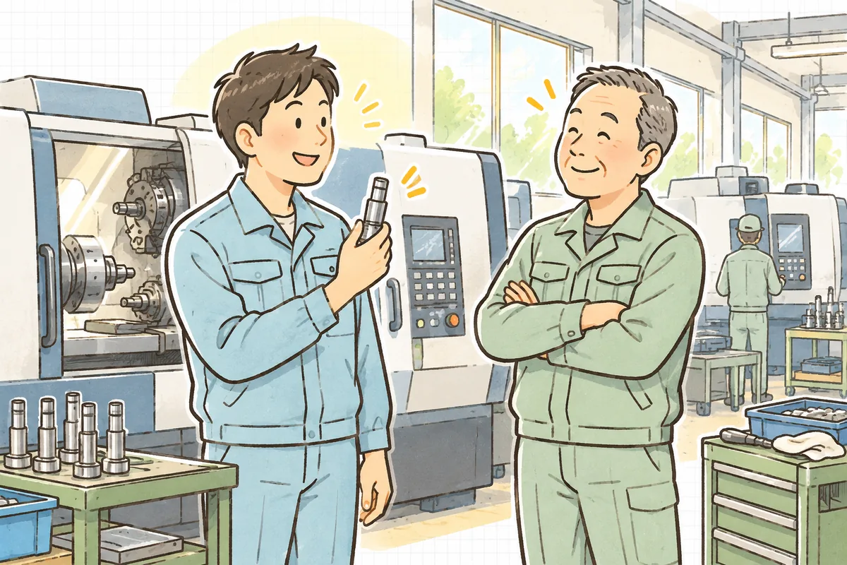 明るい町工場の機械の前で、品質担当者とベテラン作業者が、測り直した部品を手に笑顔でうなずき合っている情景