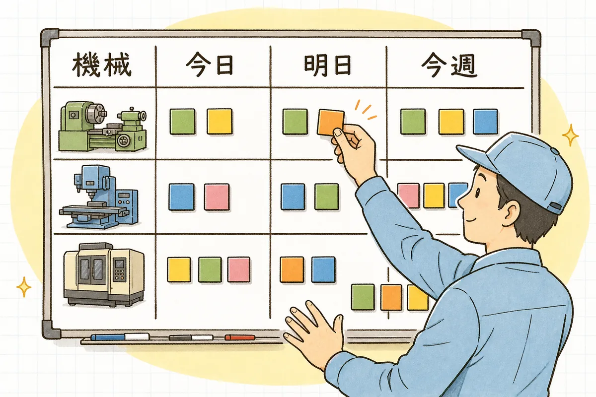 機械ごとの横一列と今日・明日・今週の区切りで仕事を並べた生産計画ボードの見取り図