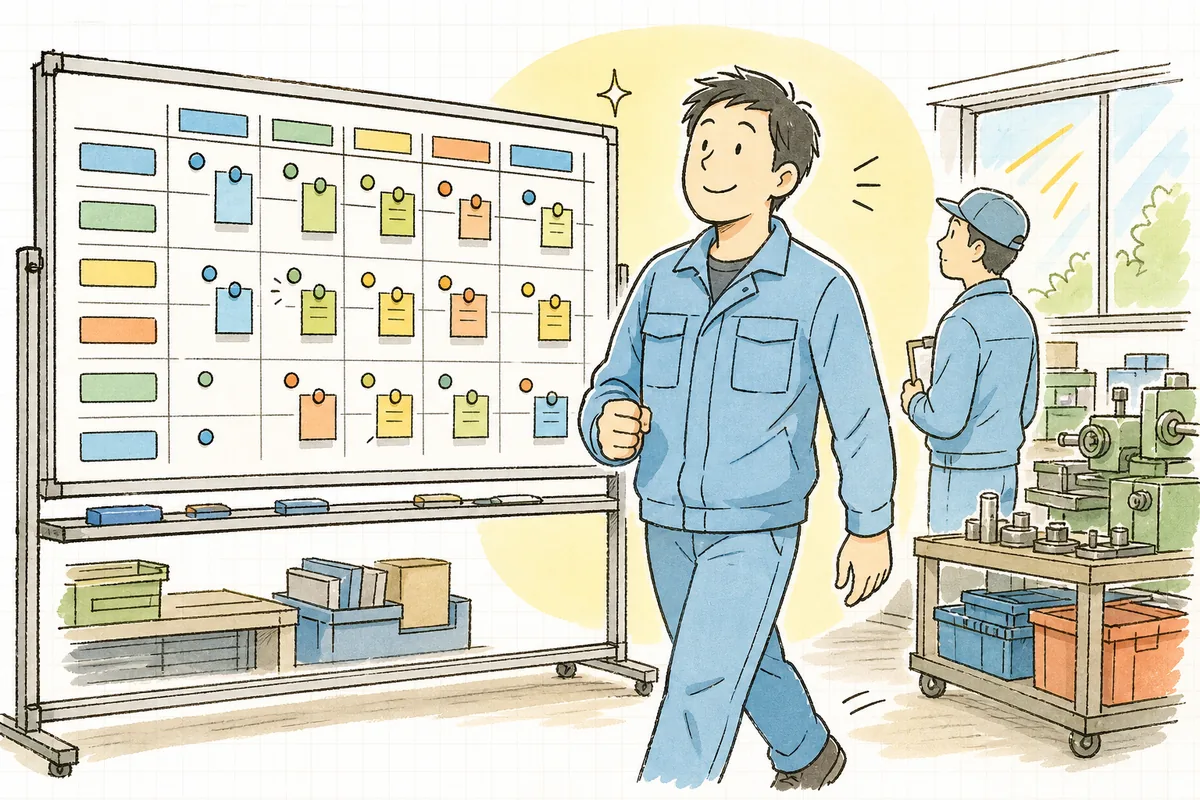 更新し終えた生産計画ボードの前で、現場の担当者が肩の力を抜いて次の仕事へ向かう前向きな情景