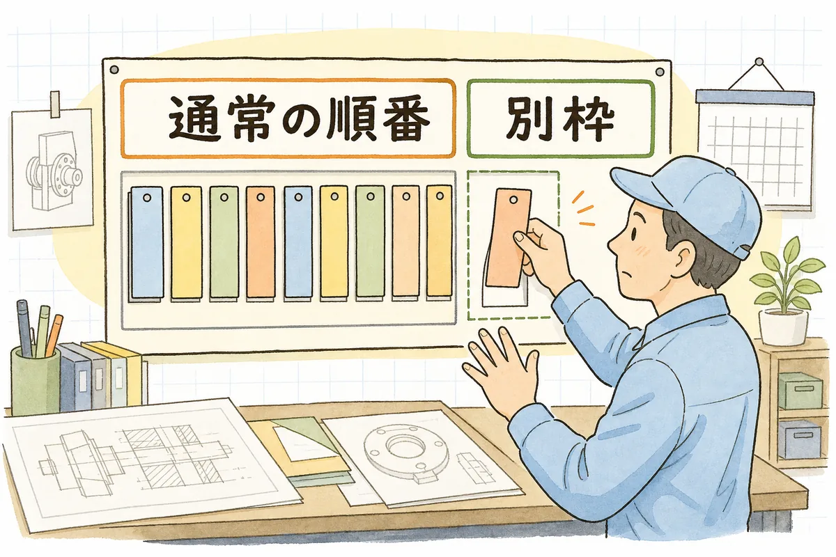 後工程を止める案件や本物の特急だけを通常の順番とは別枠で先に通す考え方を示した説明図