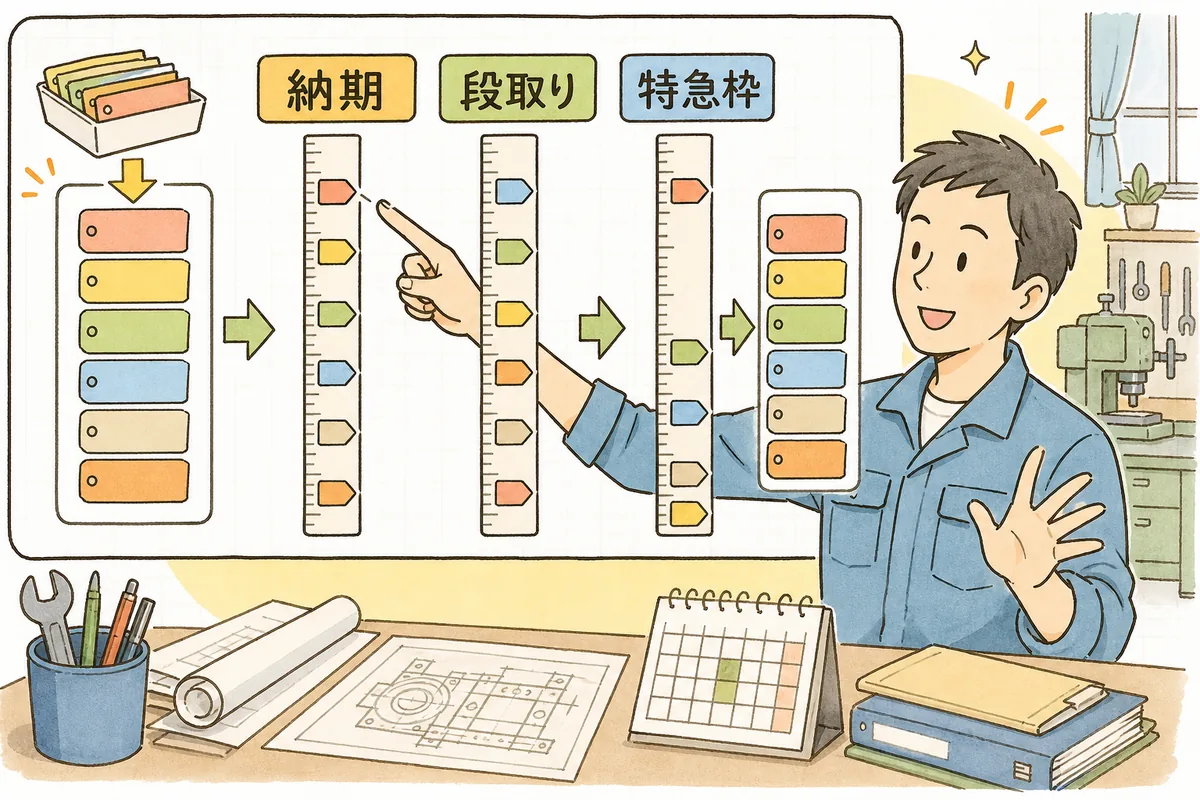 生産の優先順位を、納期・段取り・特急枠の3つの物差しで決める考え方を示した説明図