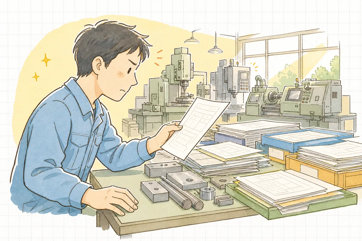 加工待ちの材料や図面が机に何件も積まれ、どれから先に流すか一瞬迷いながらも順番を考え直そうとする町工場の現場担当者の横顔と手元