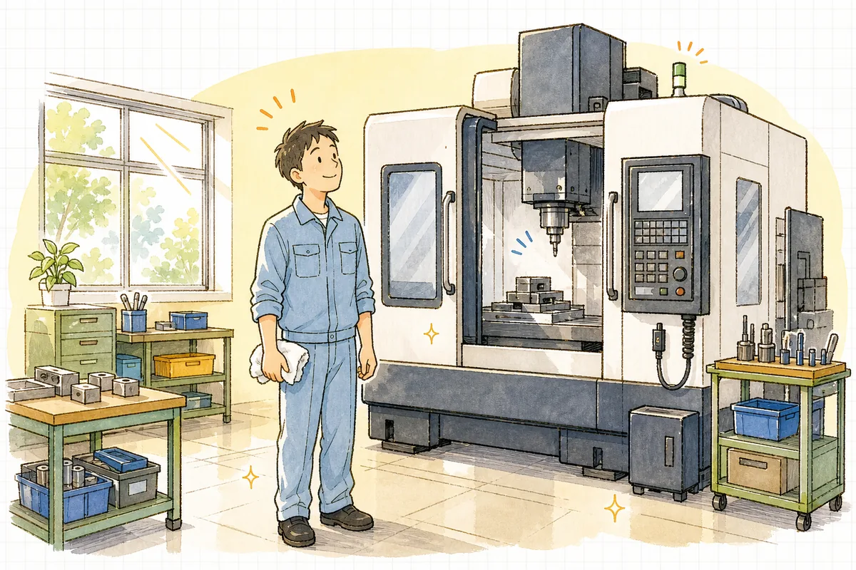 朝の町工場で、きれいに拭かれて動き始めた工作機械の前に立ち、ほっとした笑顔で機械を見渡す作業者の明るい情景