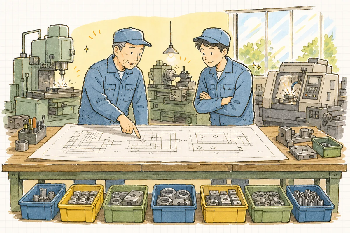 新しい改訂の図面を作業台に広げ、若手とベテランのふたりが変更箇所を確認しながら落ち着いて次の段取りを話している町工場の様子