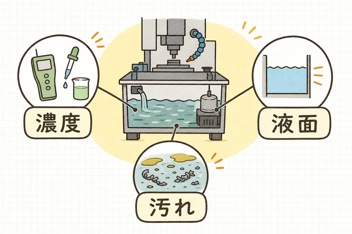 切削油・クーラントの日常点検で見る「濃度」「液面」「汚れ」の3点を示す説明図