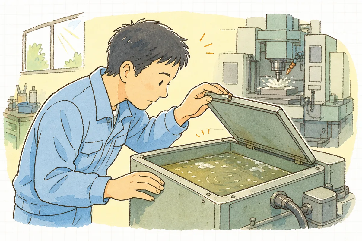 クーラントタンクのふたを開け、液の色とにおいを確かめる町工場の担当者の手元と横顔