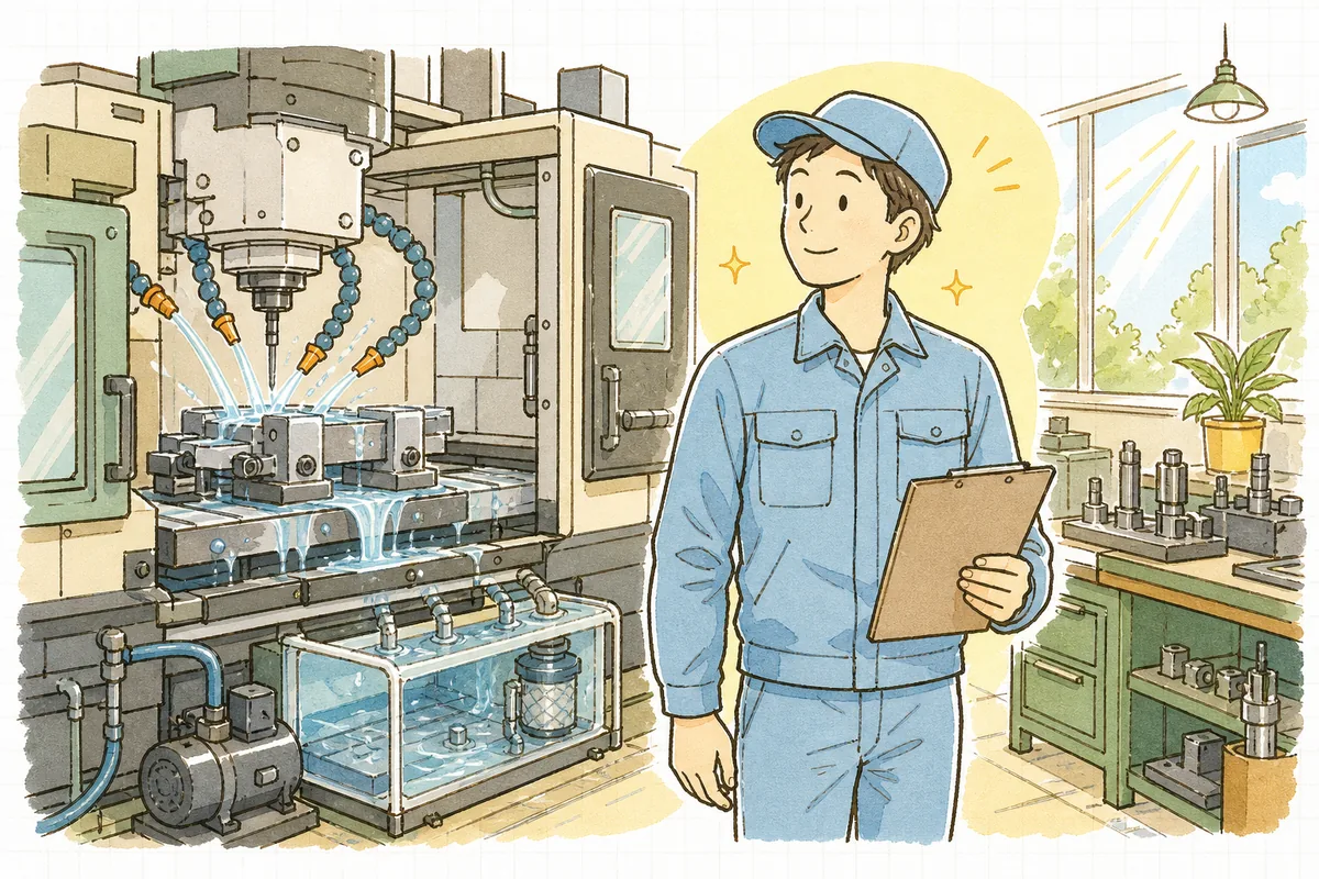 きれいなクーラントで快調に動く機械のそばで、点検メモを手に安心した表情の町工場の担当者