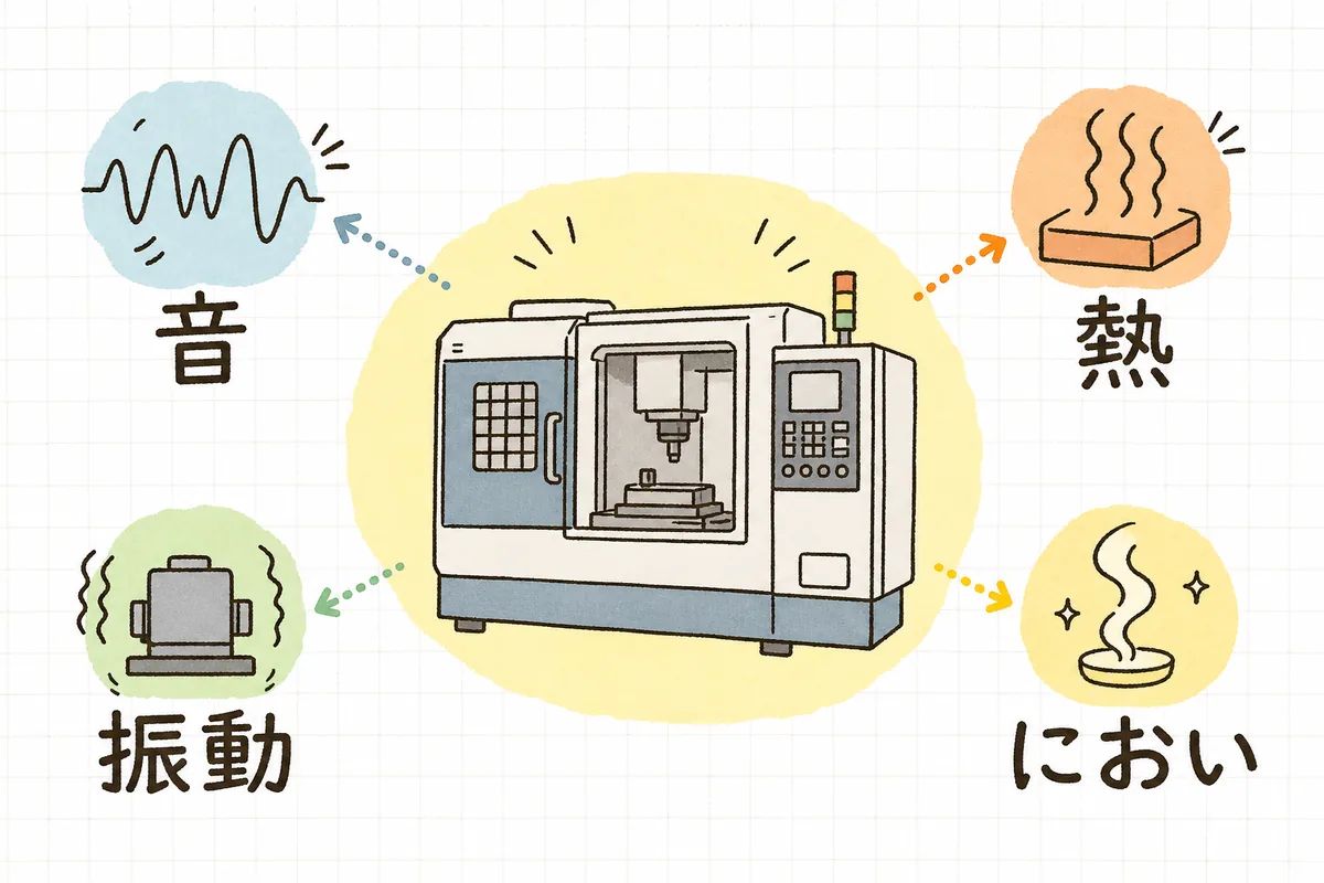 異音・振動・発熱・においの4つが設備の不調を知らせる前兆サインであることを示す説明図