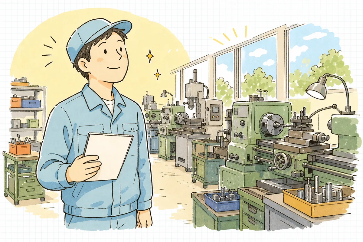 機械のそばで点検メモを手に、いつも通り動く設備を見守り安心した表情の町工場の担当者