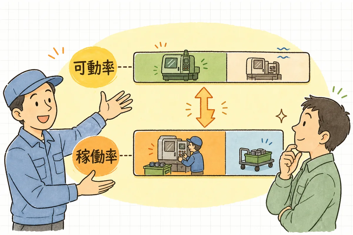 稼働率と可動率が別々の分母を見ている二つの指標であることを、動く時間と止まる時間の帯で対比して示した説明図