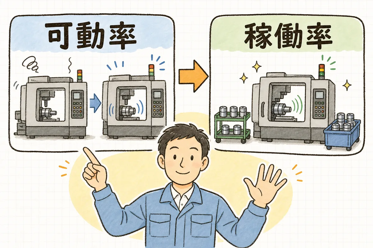 稼働率という結果の前に、まず可動率で止まる時間を減らすところから手をつける改善の順番を示した説明図