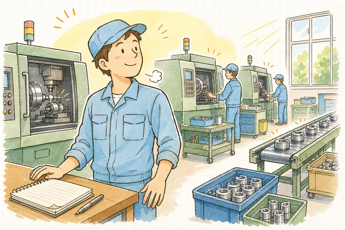 止まる時間が減って順調に回り始めた機械を前に、ほっと肩の力を抜いて作業場を見渡す町工場の現場担当者