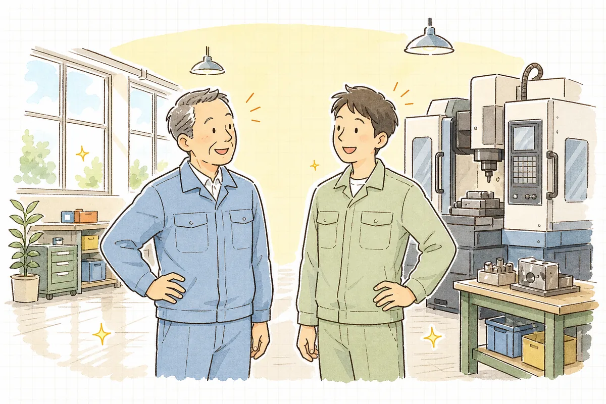 朝の工場で、機械のそばに立つ経営者と若手が並んで、これからの段取りを穏やかに話している場面