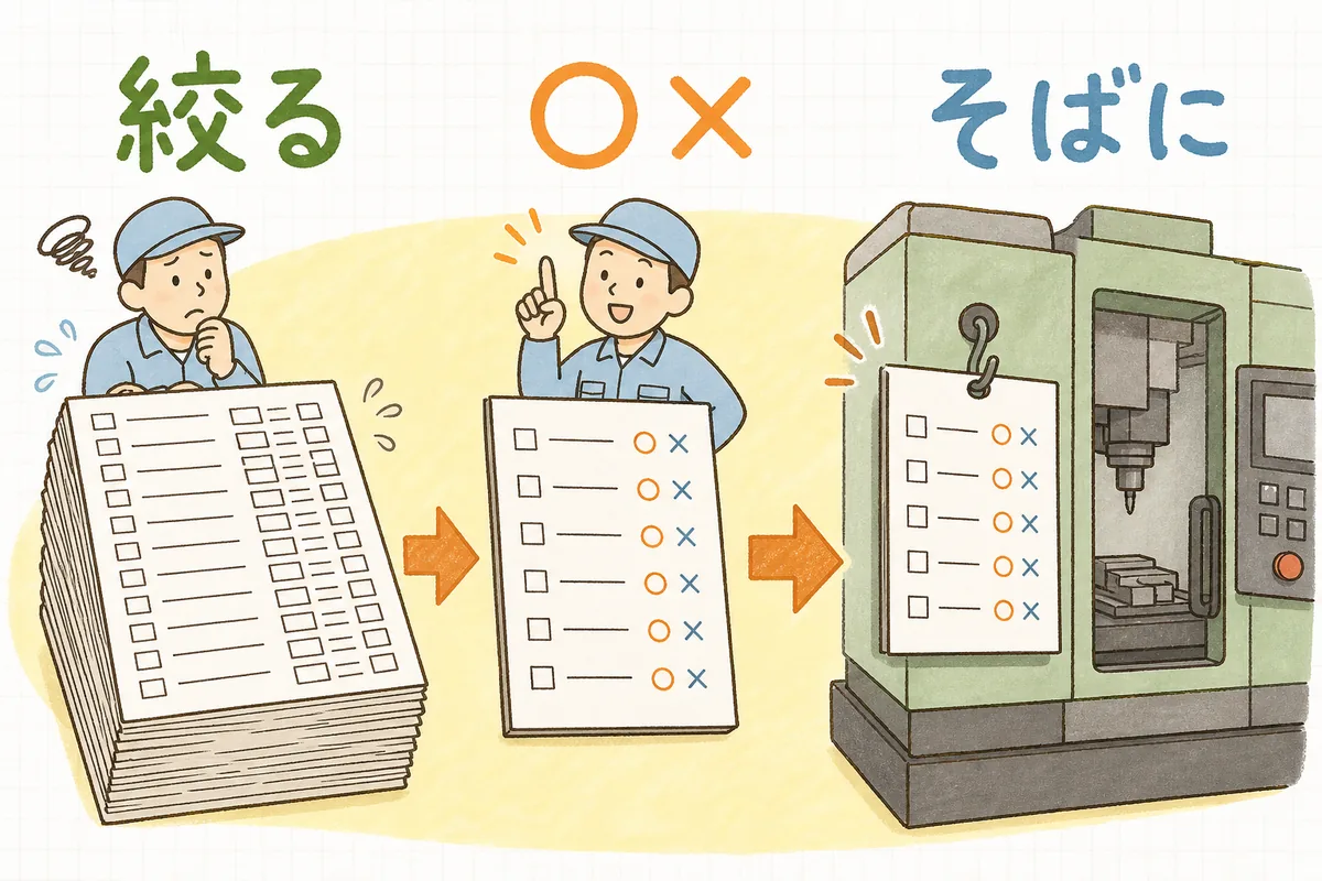 点検表を「絞る・〇×にする・そばに置く」の3段階で軽くする流れを示した説明図