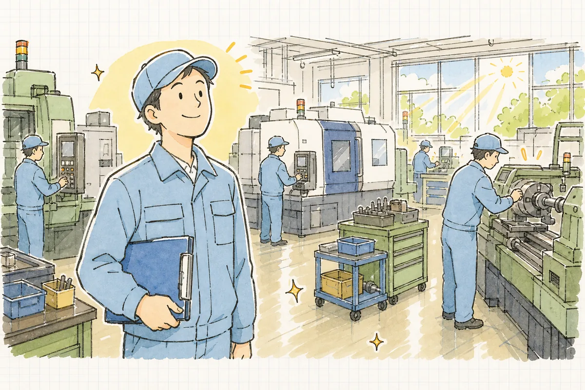 点検を終えて稼働し始めた作業場を見渡し、安心した表情で前を向く担当者