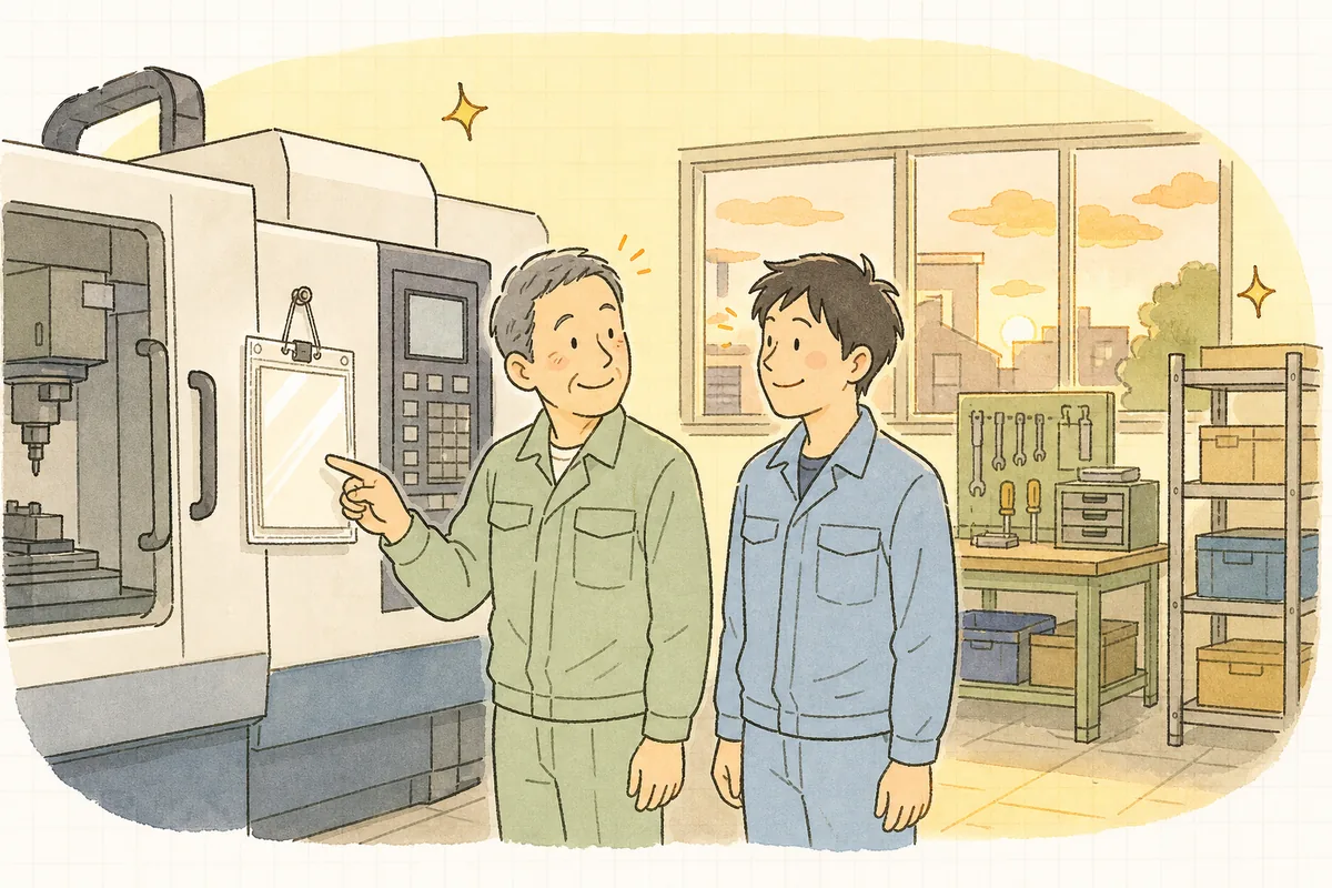 夕方の町工場で、設備の横に吊るされた透明ケースの紙を、ベテランの保全担当と若い作業者が並んで見ながら、ほっとした笑顔を見せている明るい情景