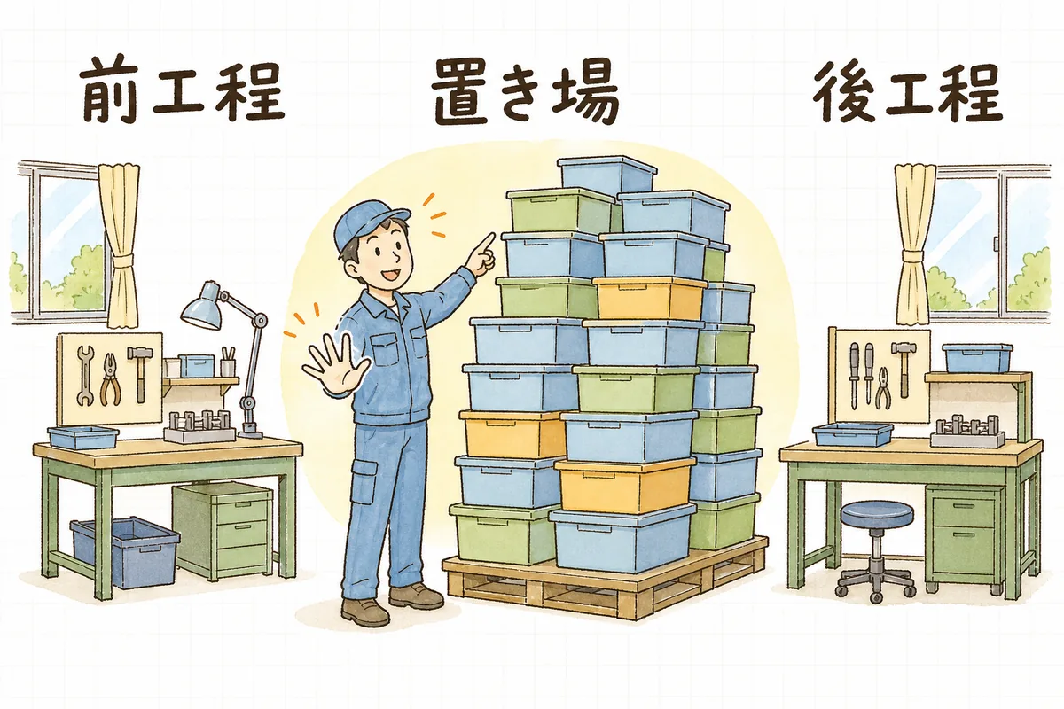 工程と工程の間に置かれた仕掛品の量を見比べて、どこに滞留しているかを見つける様子の説明図