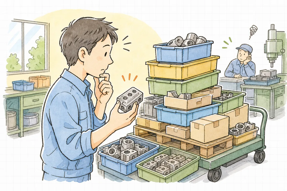 工程と工程の間の台車に加工待ちの部品が山積みになり、どれから流そうかと考える町工場の担当者の横顔と手元