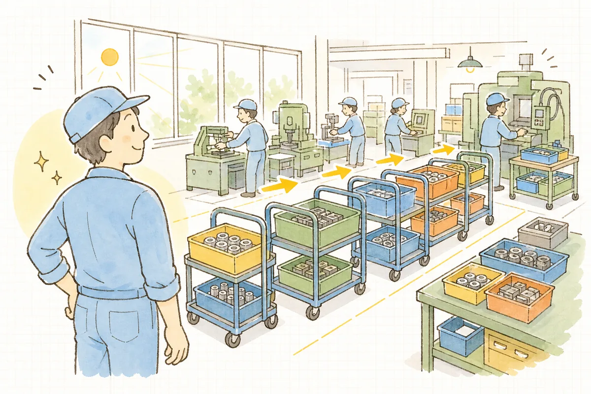 工程の間の置き場に決めた量だけ部品が並び、次の工程へ滞りなく流れる作業場を見て前を向く町工場の担当者