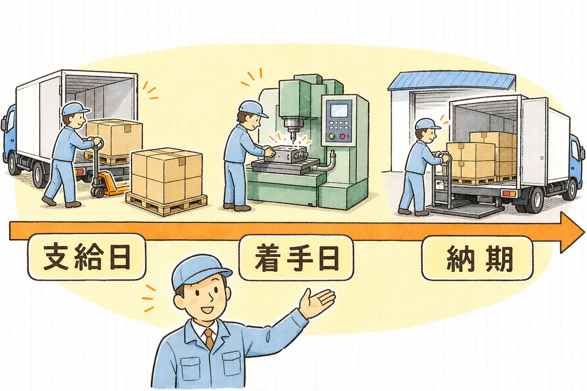 支給日・着手日・納期の3つの日付を、材料の受入から加工、出荷まで左から右へ一本の流れで並べた説明図