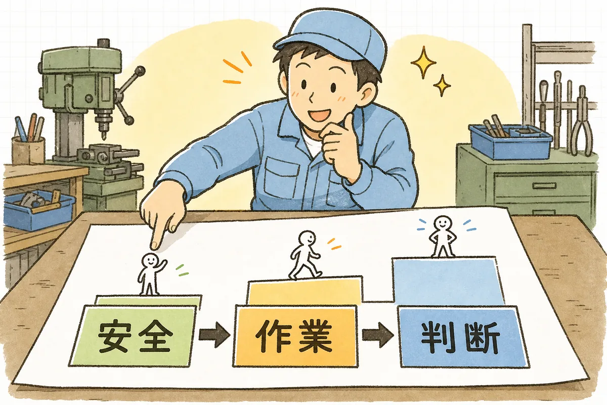 安全・いつもの作業・一人で判断の三段階を指でたどって順番を確かめる担当者の説明図
