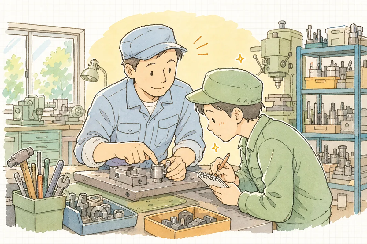 作業台で先輩が新人に手元を見せながら教え、新人がメモを取る町工場のOJTの情景