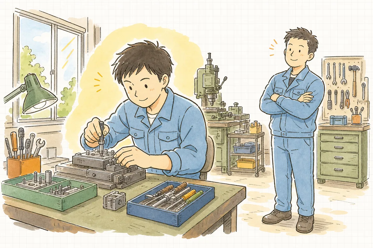 独り立ちして一人で作業する新人を、先輩が少し離れて頼もしく見守る前向きな情景