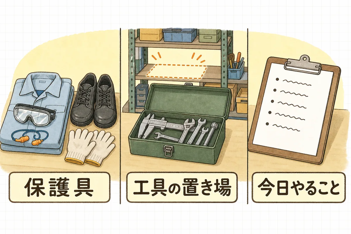 新人が来る日までに用意しておく3つのものを並べた説明図。左が保護具一式、中央が新人用の工具と置き場、右が今日やることを書いた紙