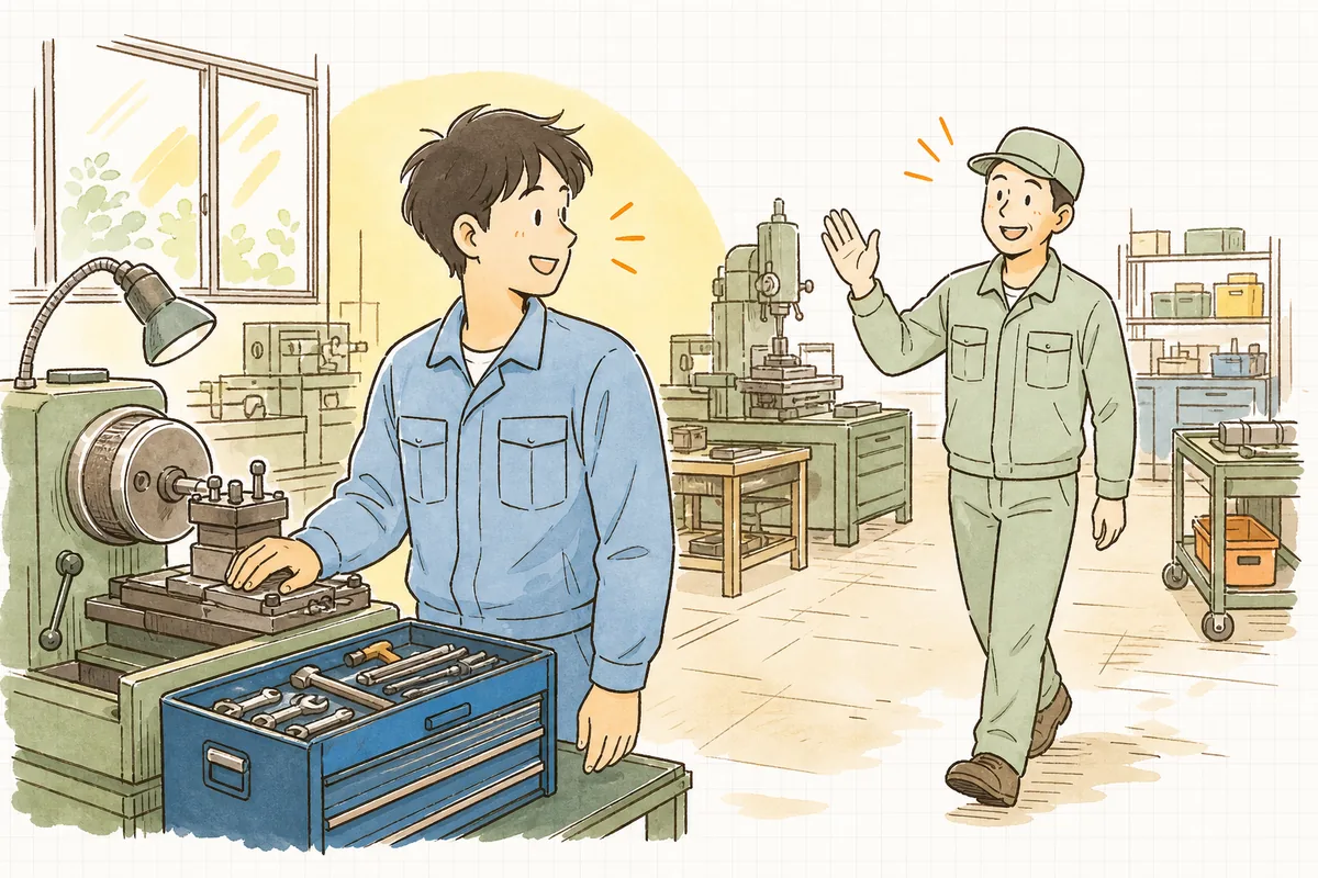 数か月経った新人が自分の持ち場の機械の前に立って作業しており、通りかかった先輩が短く声をかけて笑い合っている町工場の明るい情景