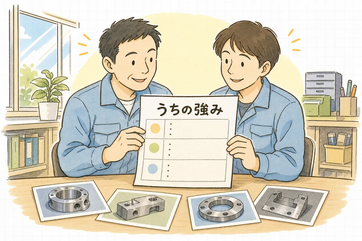 自社の強みを一枚の紙にまとめ、社長も現場も同じ内容を落ち着いて伝えられるようになった様子の説明図
