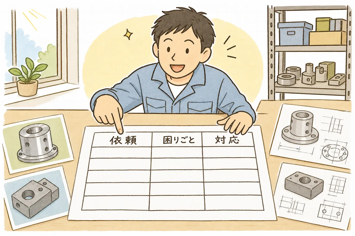 過去の仕事を「どんな依頼か・何に困っていたか・自社がどう応えたか」の3列で書き出し、強みを見つける棚卸しの説明図