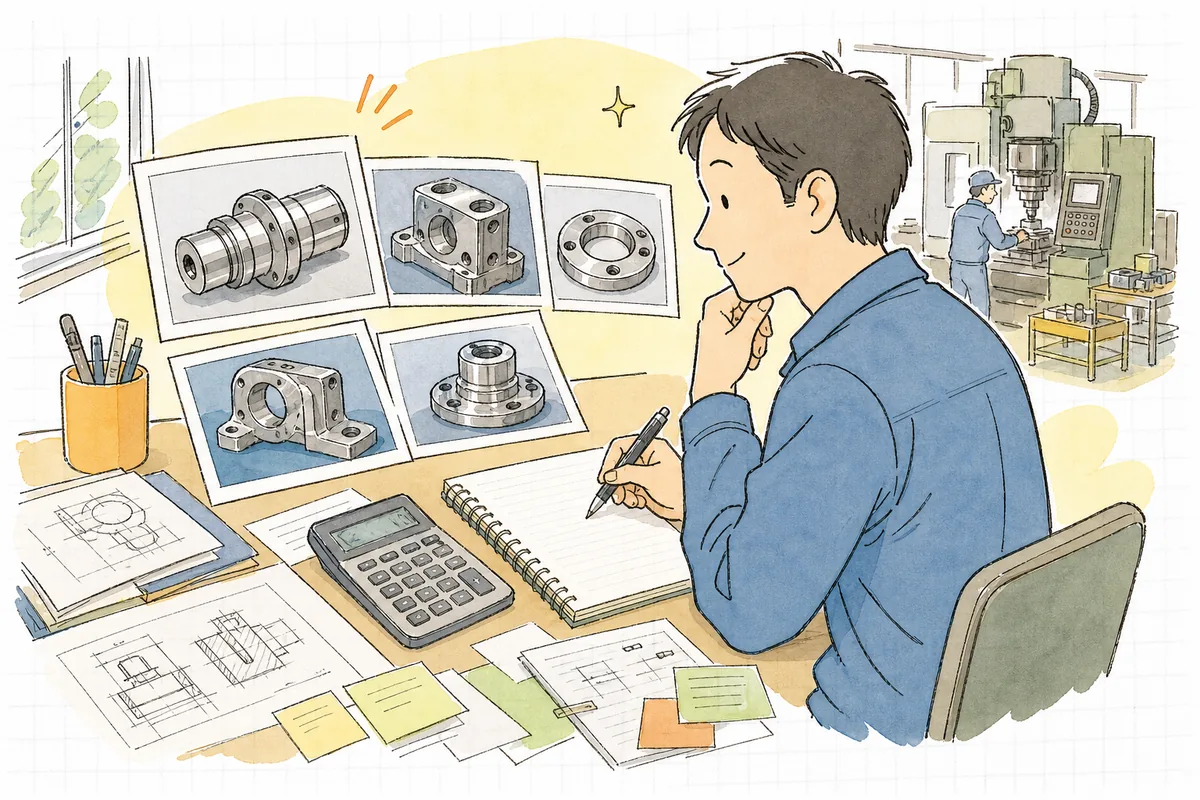 事務所の机で自社の加工事例の写真とメモを並べ、自分たちの強みを書き出そうと考え込む町工場の担当者の横顔と手元