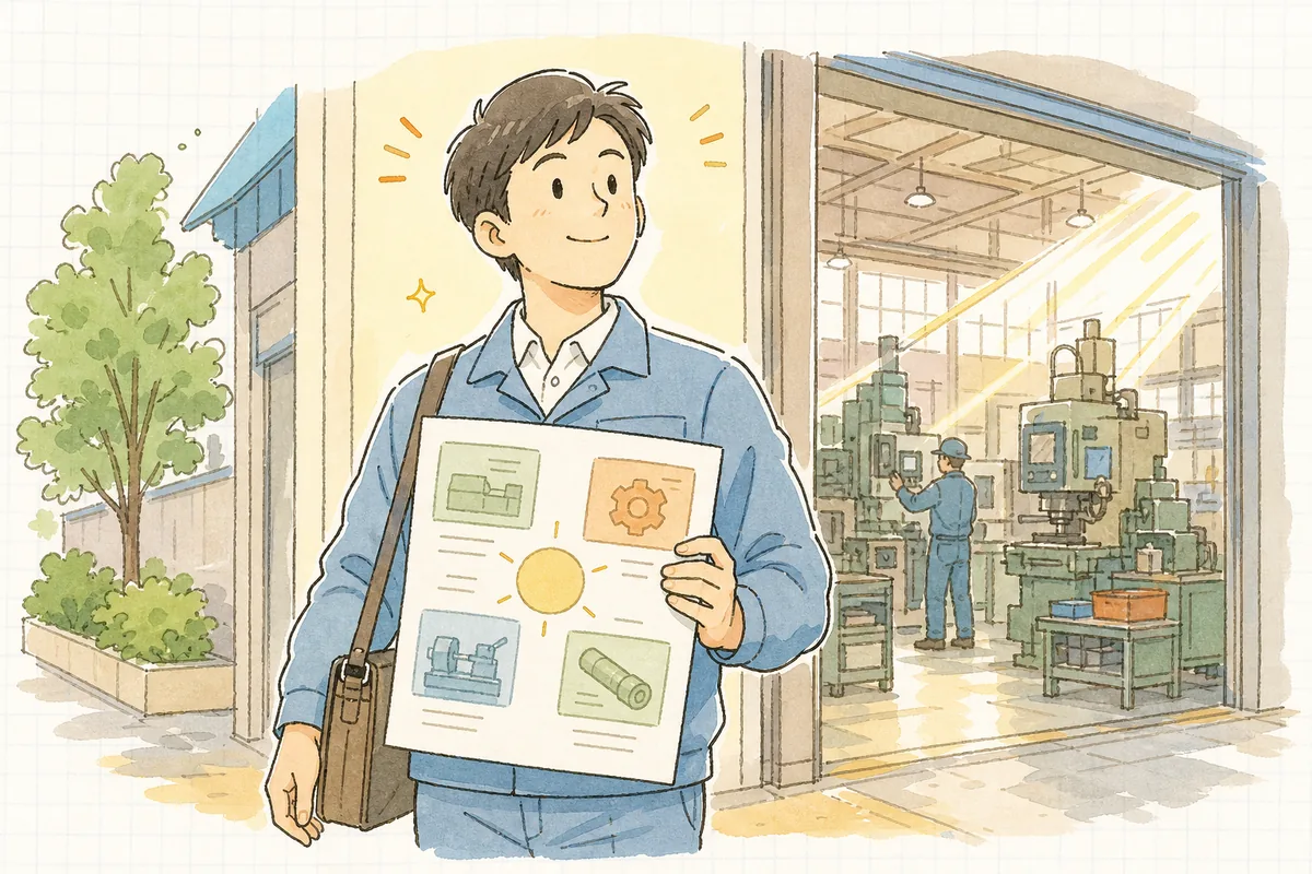 自社の強みをまとめた一枚を手に、新しい取引先との商談へ落ち着いた表情で向かう町工場の担当者