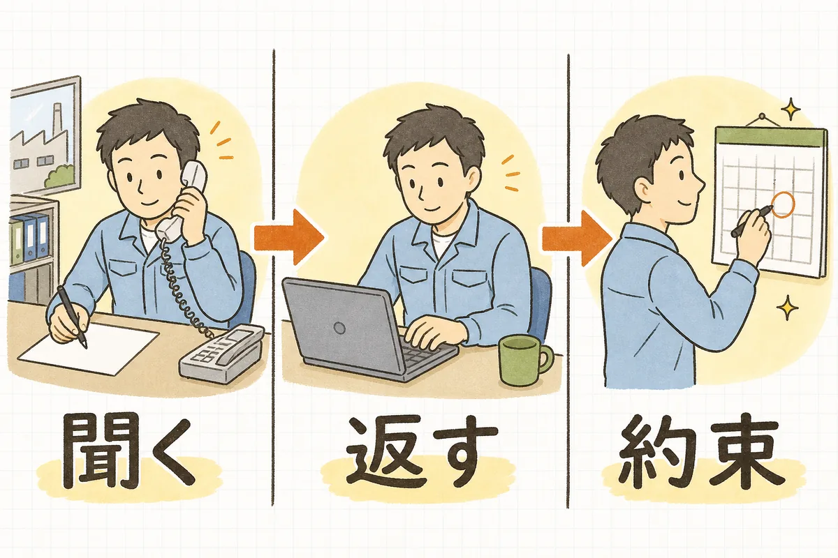 新規問い合わせの初回対応を3つの場面に分けた説明図。左は電話を受けながら受付メモに書き込む担当者、中央はパソコンで返信メールを打つ担当者、右は壁のカレンダーに見積の返答日を書き込む担当者の絵