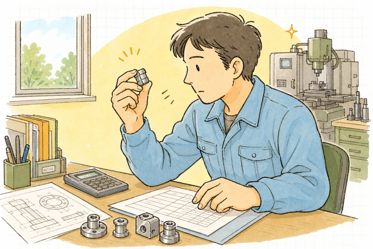 試作品の小さな部品を手に取り、見積書を前に価格をどうつけるか思案する町工場の担当者