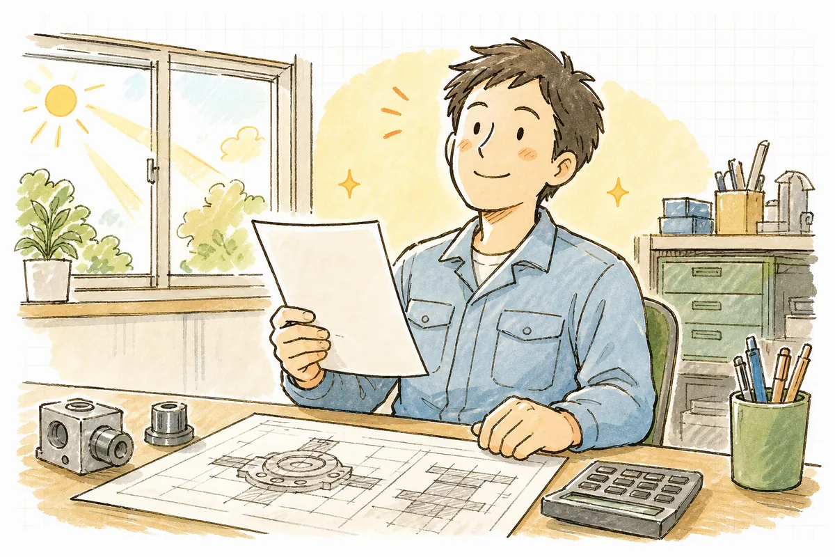 組み直した試作見積を手に、これで数字が合うと納得して前を向く町工場の担当者