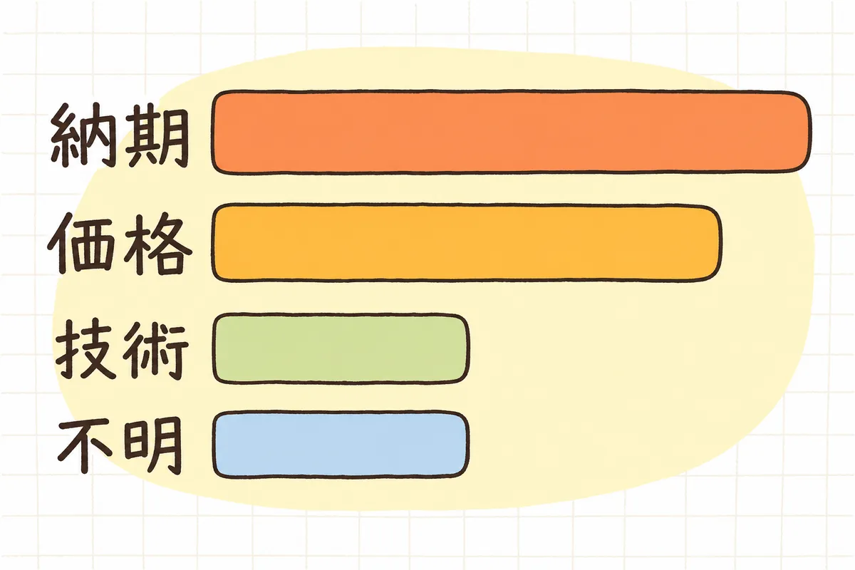失注の理由を4つに分けて長さで比べた横向きの帯グラフ。上から納期、価格、技術、不明の順に並び、納期がいちばん長い