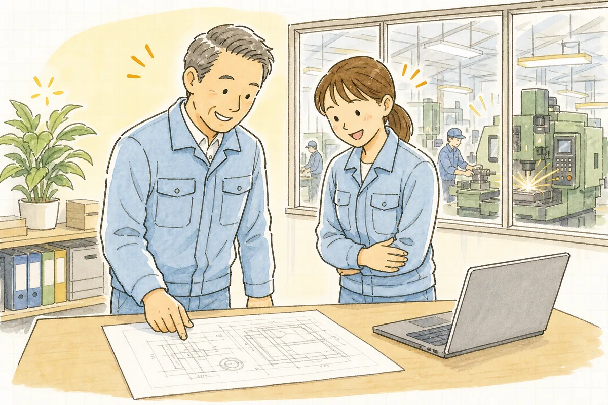 朝の明るい事務所で、机に広げた図面を一緒にのぞき込み、次の見積について前向きに話している二人