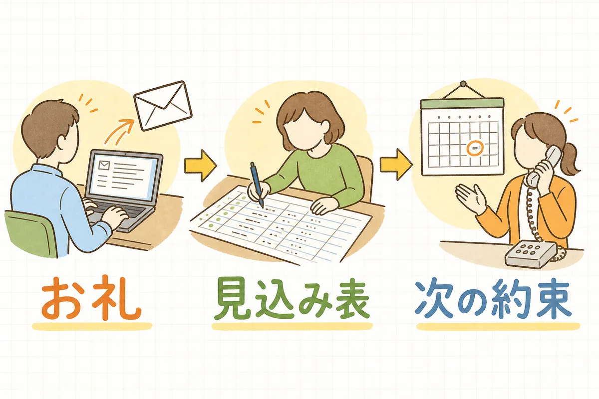 商談後のフォローを、左から「お礼のメールを送る」「見込み表に一行書く」「カレンダーの日付に印をつけて電話する」の3場面で並べた概念図