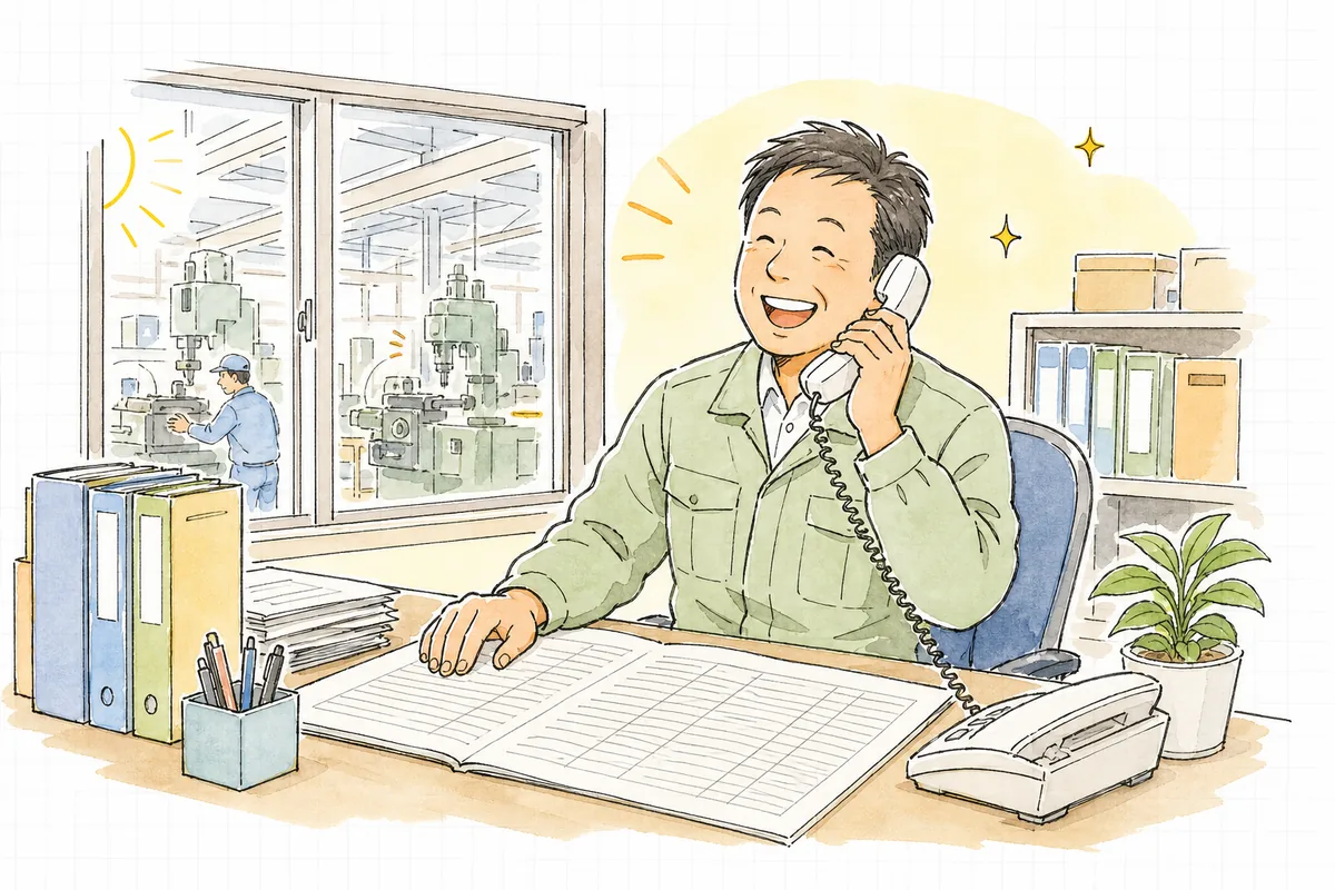 朝の事務所で、見込み表を見ながら電話をかけ、相手との話がはずんで明るい表情を見せる町工場の経営者