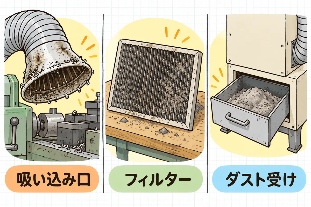 横に3つの場面が並ぶ説明図。左は機械の上部につながるダクトの吸い込み口、中央は集塵機から取り出した汚れたフィルター、右は集塵機の下部にある粉のたまったダスト受けの箱