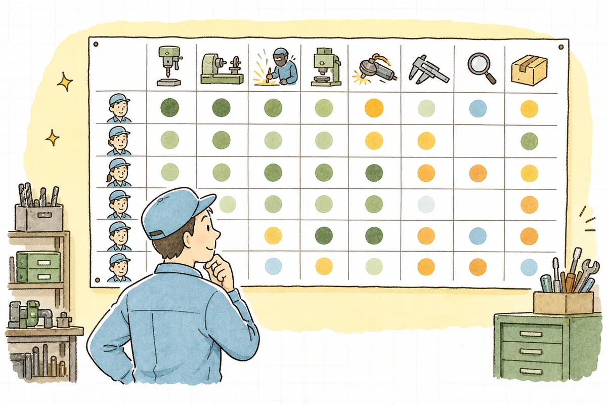 縦に作業者、横に作業の種類を並べた表に、誰がどの作業をどこまでできるかが印で埋められ、得意な人と空いている穴が一目で分かる様子のイラスト