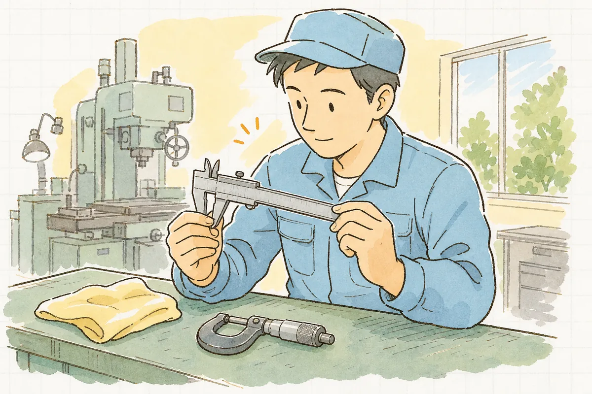 使う前にノギスのゼロ点を確かめている町工場の担当者の手元