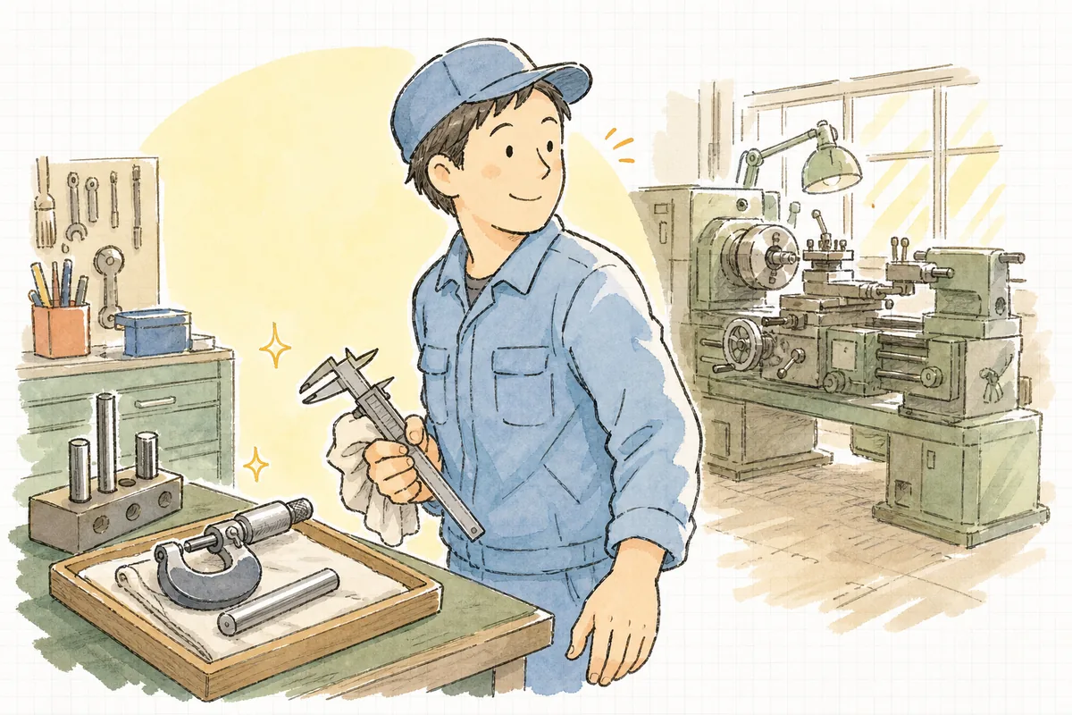 手入れした測定器を手に、安心して加工に向かおうとする町工場の担当者