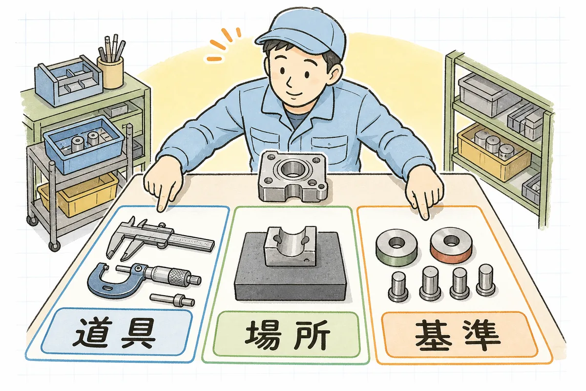 道具・測る場所・合否基準の三つをそろえると寸法のばらつきが収まることを示す説明図