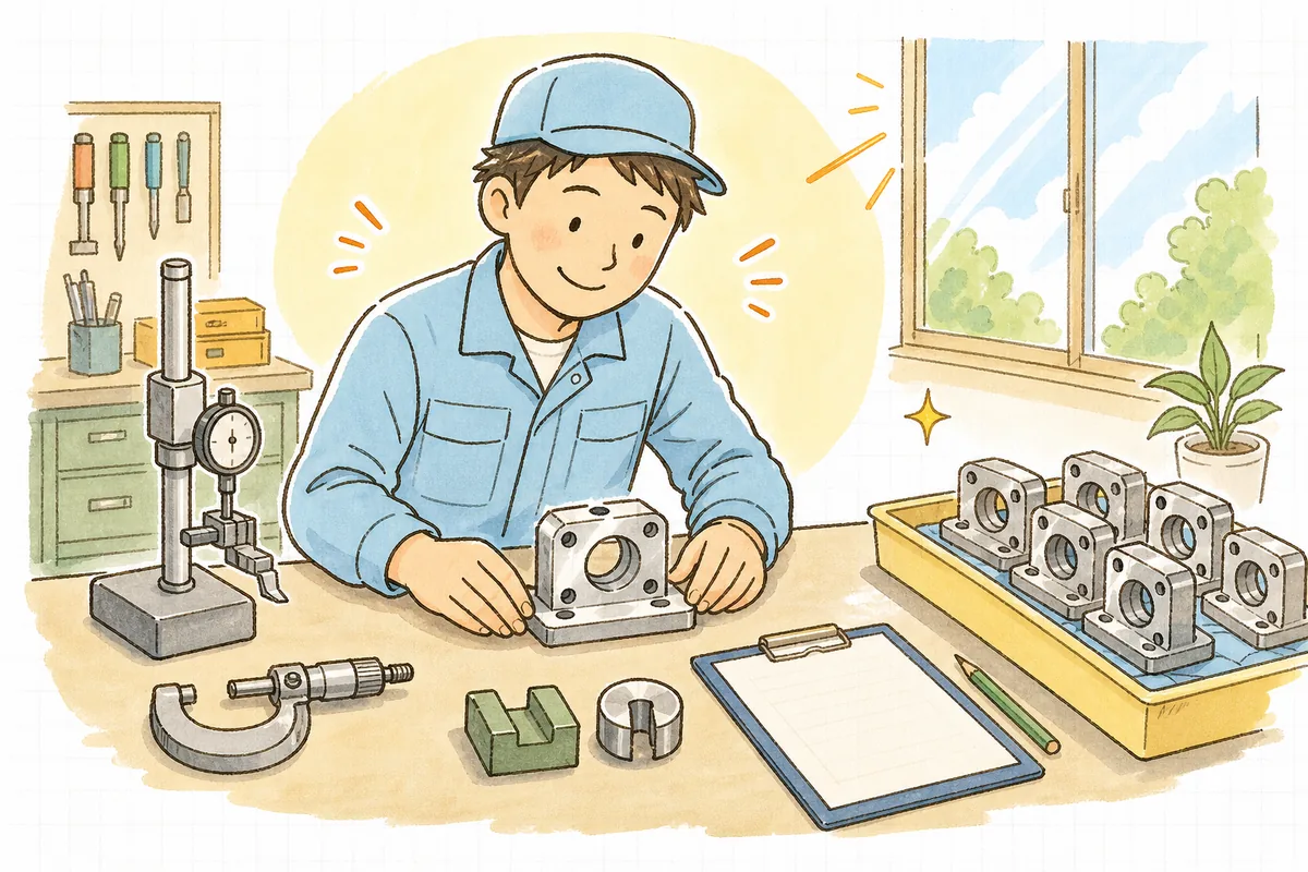 寸法を測り終えた部品をそっと整え、品質を守れた安心がにじむ町工場の担当者の前向きな表情