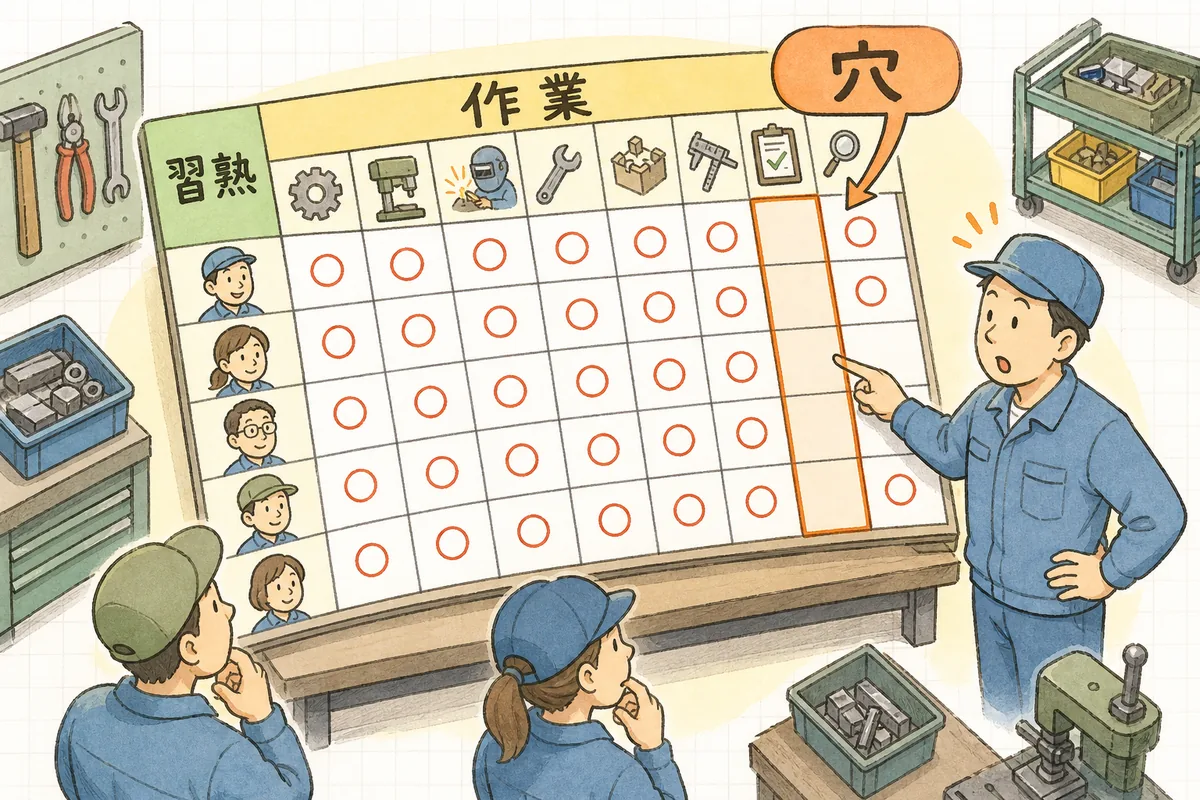 作業を並べ、できる度合いを記号で埋め、穴を見つけるという流れを表で確かめる担当者の説明図