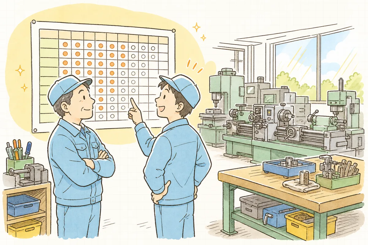 できる作業の増えたスキルマップを前に、リーダーと担当者が次の目標を見据える前向きな情景