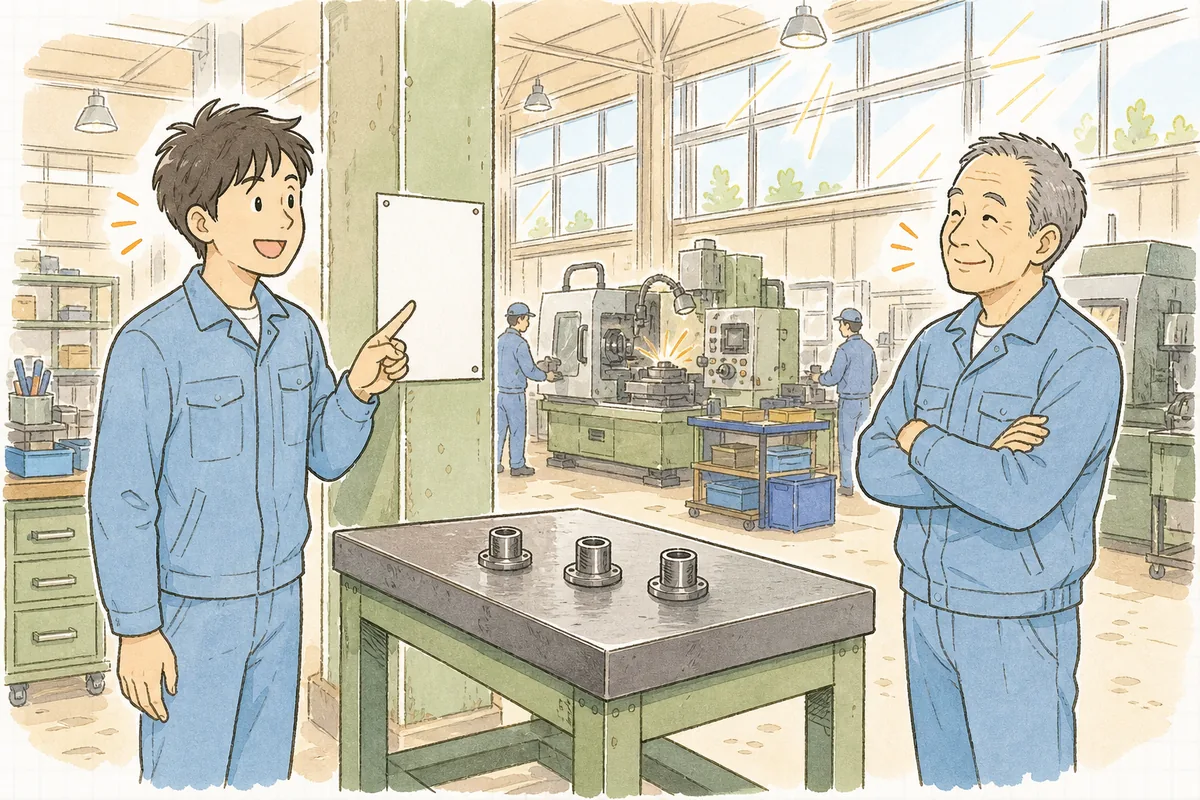 朝の明るい作業場で、検査台のそばに貼った判断の紙を見ながら、若手が自分で判断を伝え、ベテランがうなずいている場面