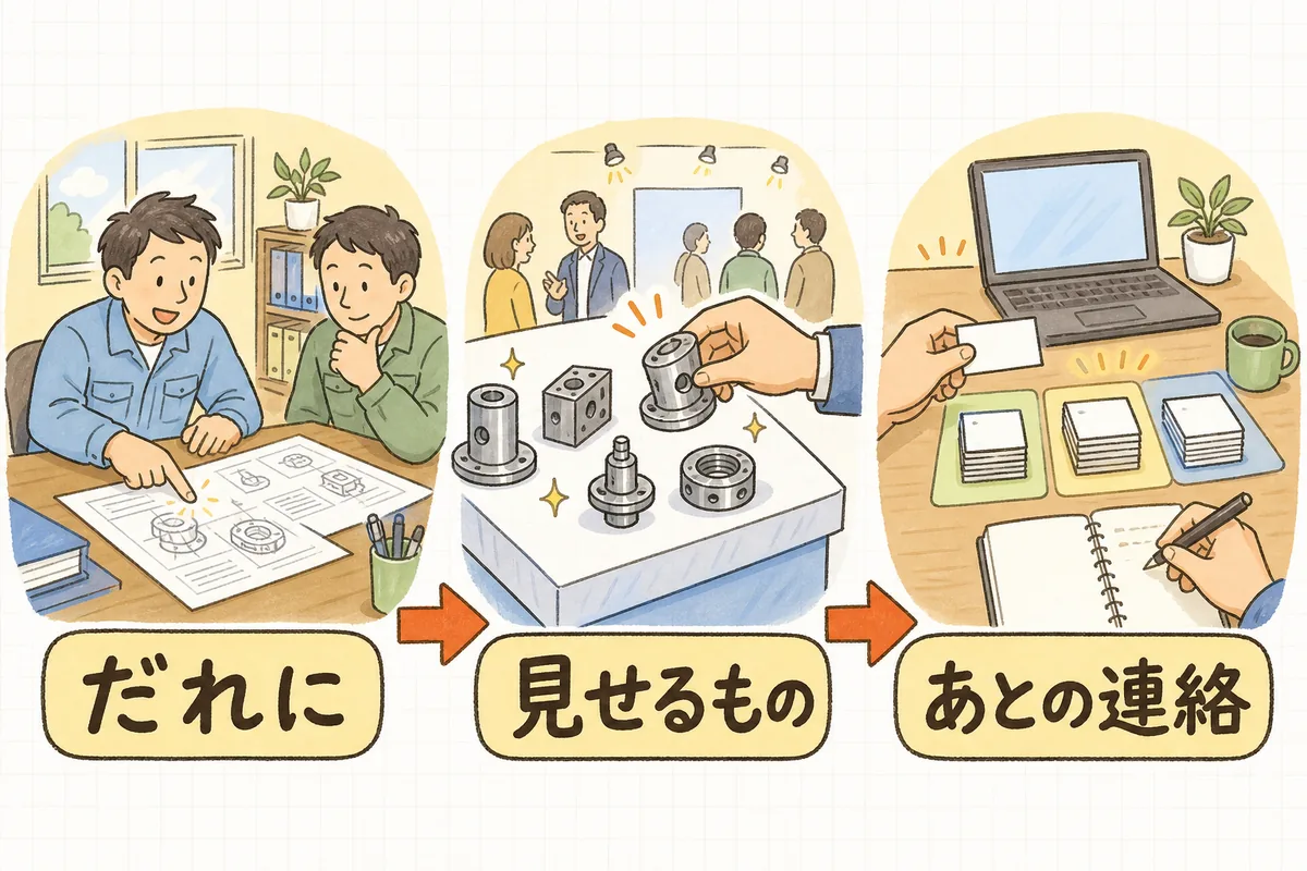 展示会の準備を「だれに」「見せるもの」「あとの連絡」の順で決める流れを示した説明図